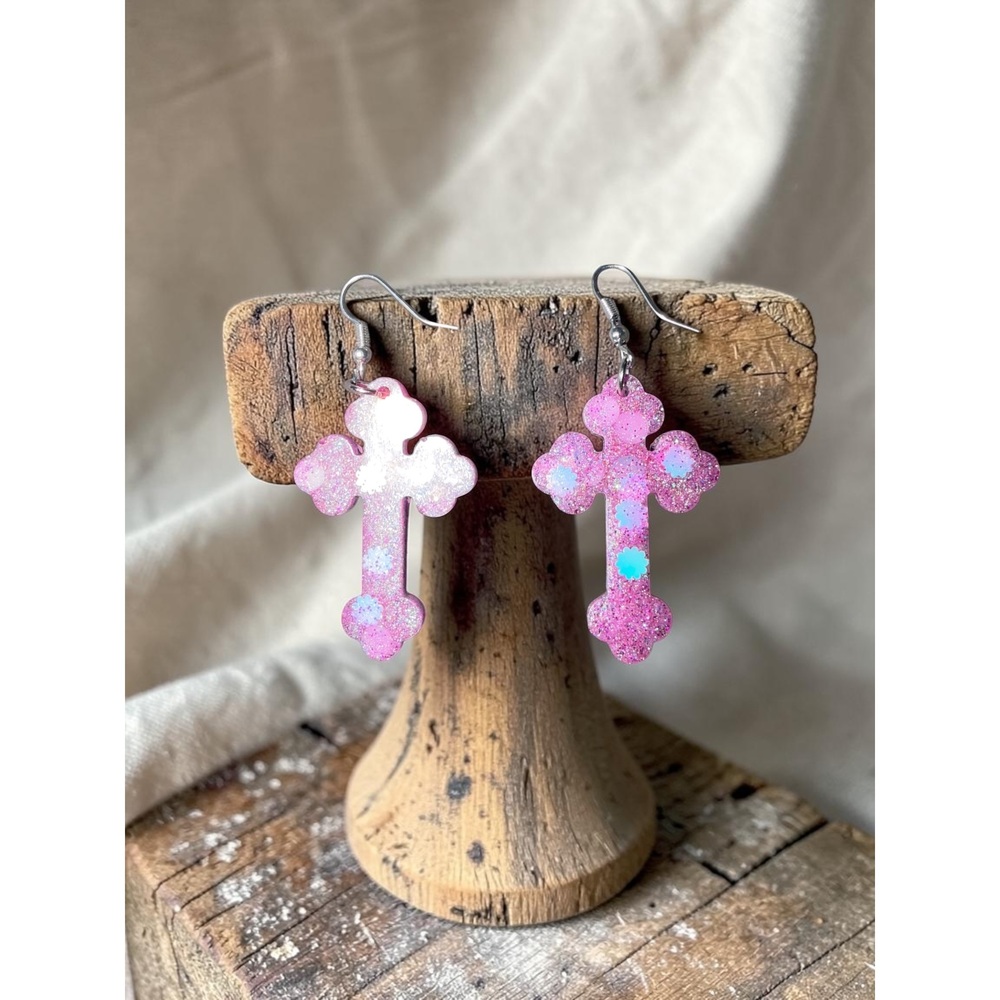 Handmade Pink Floral Cross Earrings